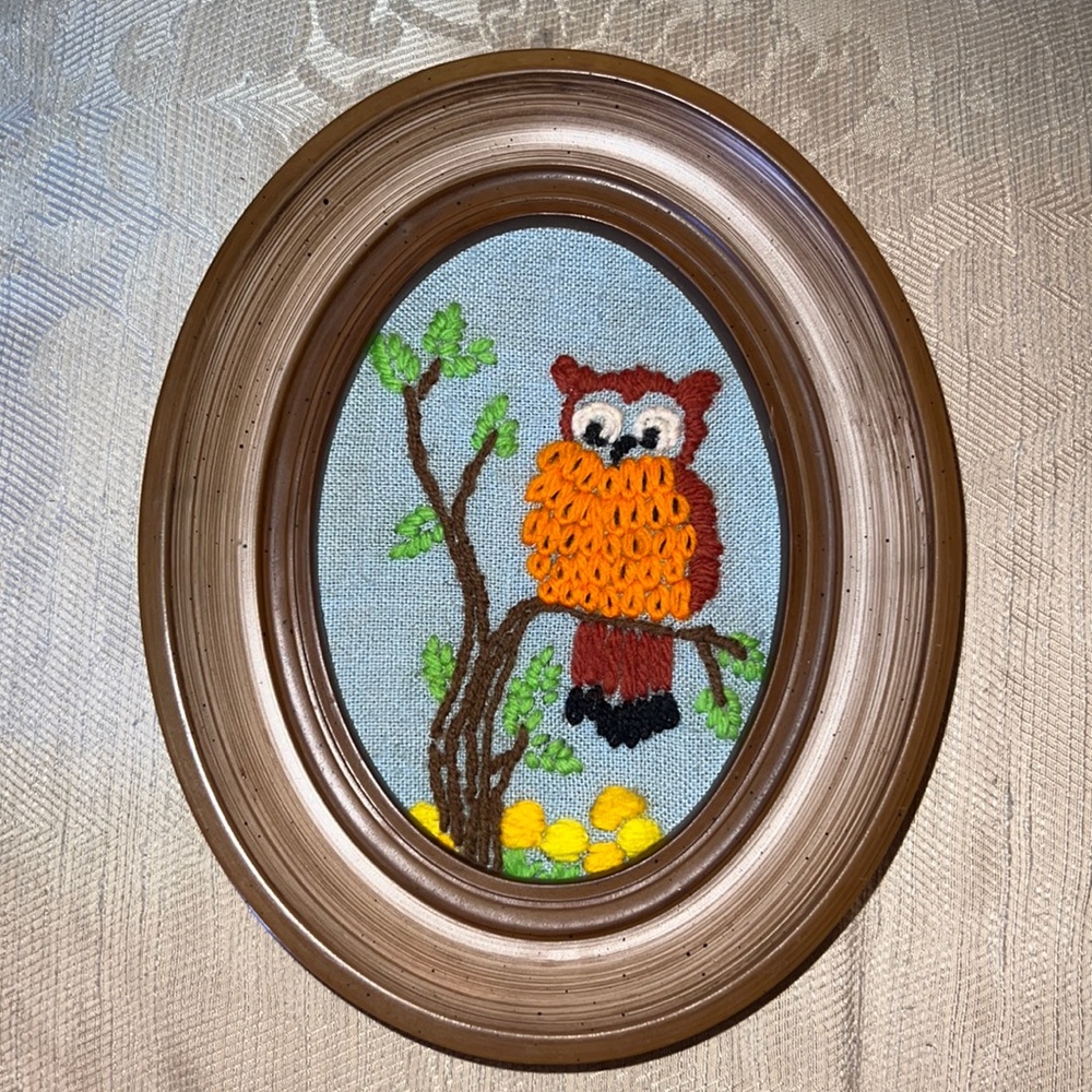 OWL PICTURE || HAND EMBROIDERED AND FRAMED 1975